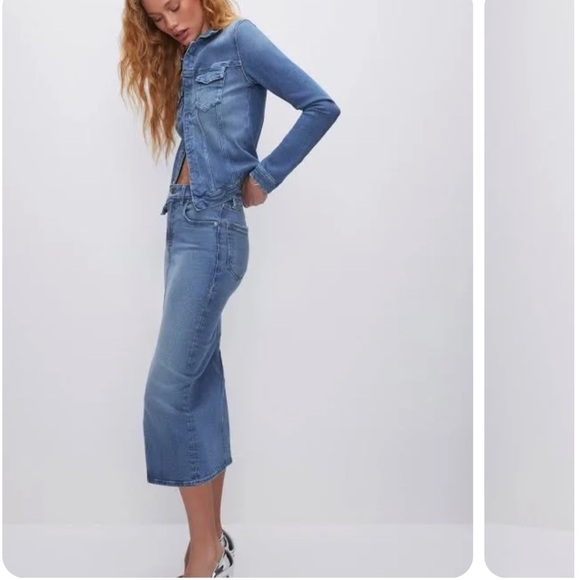 GOOD AMERICAN Slit Front Denim Midi Skirt, Pockets, Size 10/30 - Picture 2 of 7